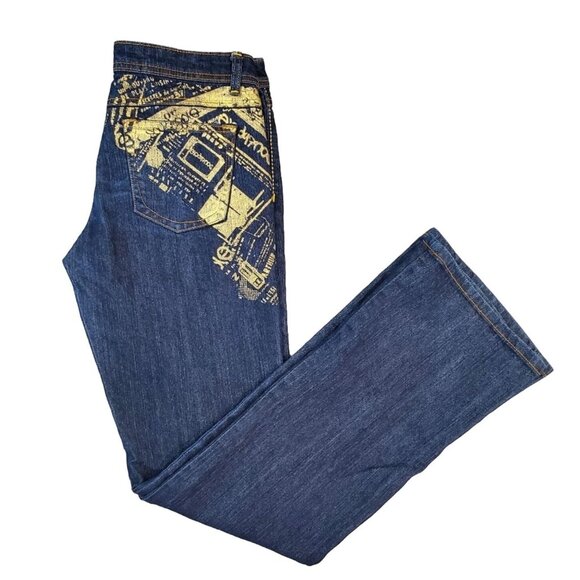 Southpole Womens Bootcut Jeans Size 7 Dark Wash Yellow Graphic - Picture 1 of 12